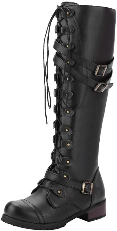Women PU Leather Knee Boots, Strappy Lace-up Gothic Vintage Punk Buckle Military Combat Stacked Heel Boot Shoes Knee-High Boots