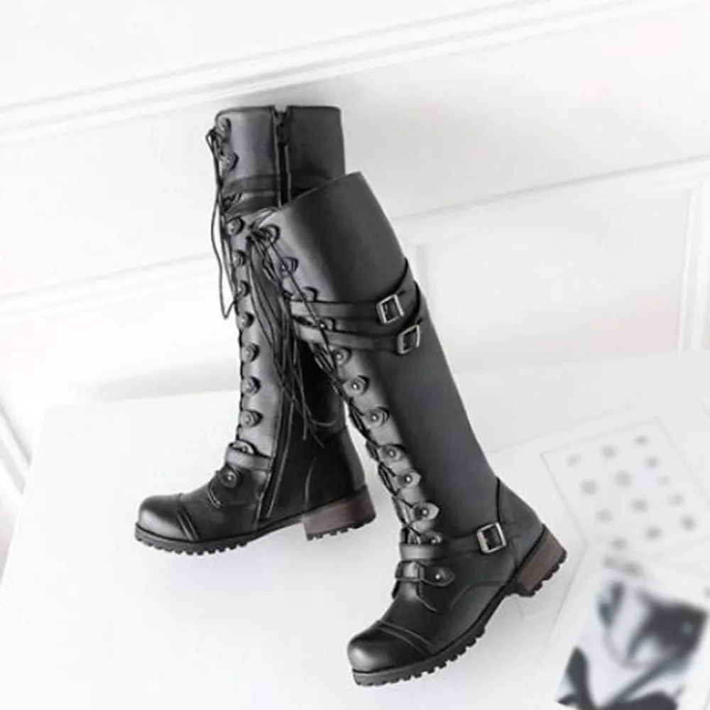 Women PU Leather Knee Boots, Strappy Lace-up Gothic Vintage Punk Buckle Military Combat Stacked Heel Boot Shoes Knee-High Boots