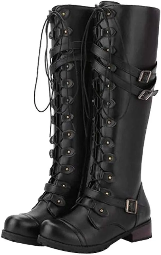 Women PU Leather Knee Boots, Strappy Lace-up Gothic Vintage Punk Buckle Military Combat Stacked Heel Boot Shoes Knee-High Boots