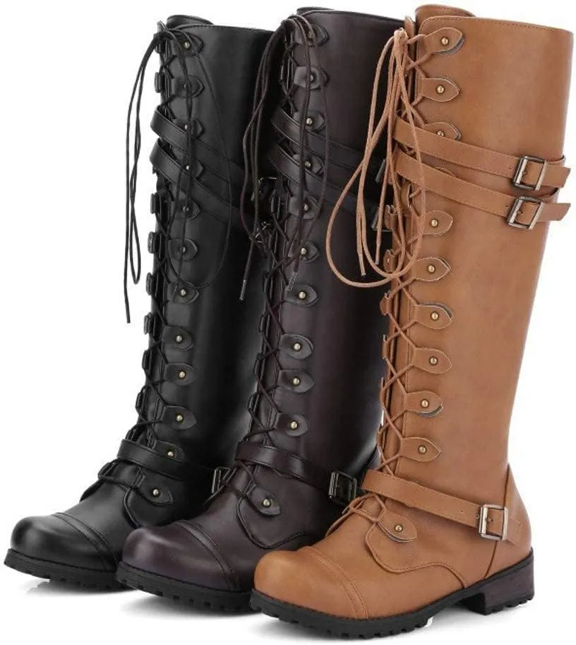 Women PU Leather Knee Boots, Strappy Lace-up Gothic Vintage Punk Buckle Military Combat Stacked Heel Boot Shoes Knee-High Boots