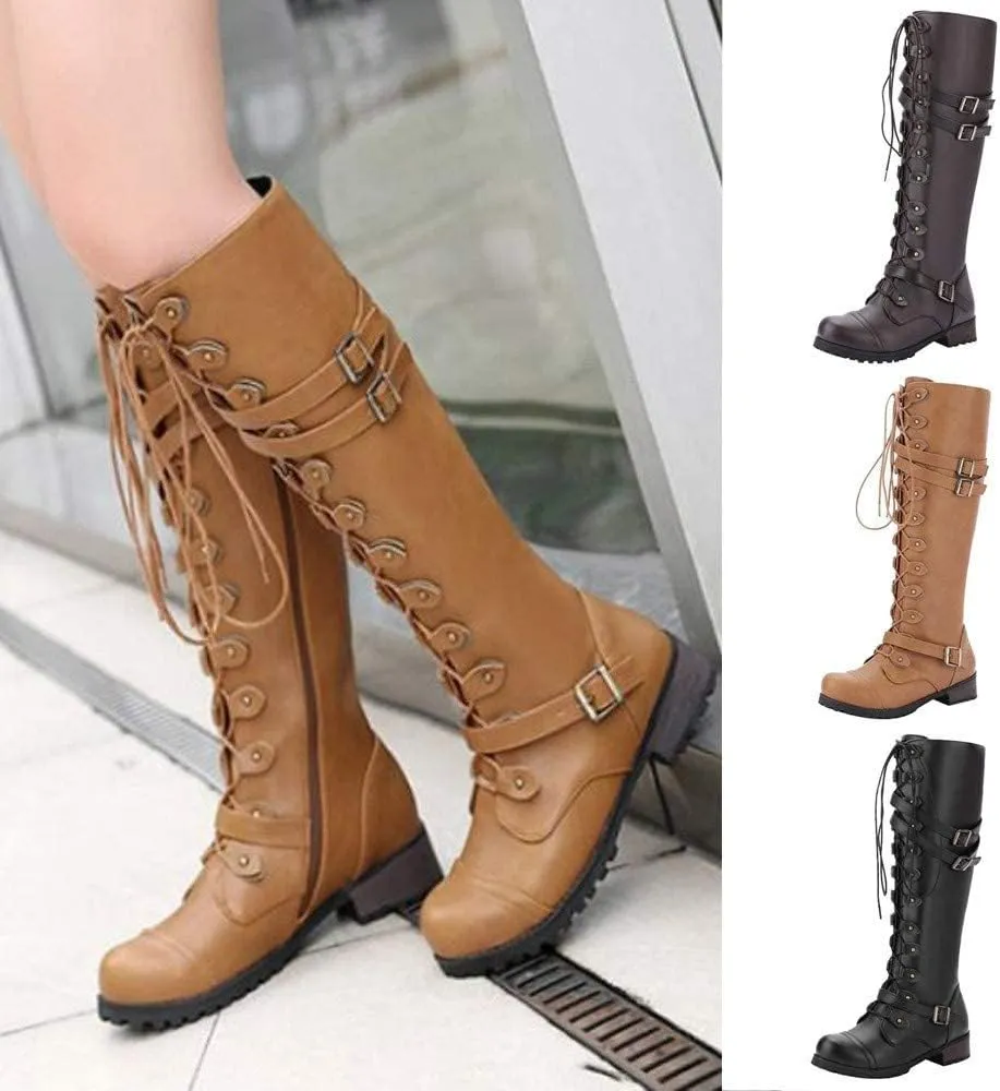 Women PU Leather Knee Boots, Strappy Lace-up Gothic Vintage Punk Buckle Military Combat Stacked Heel Boot Shoes Knee-High Boots