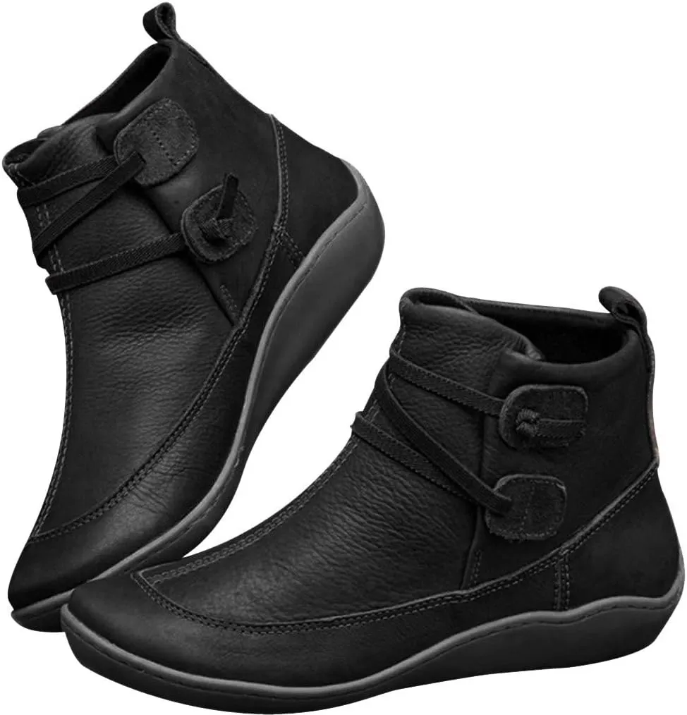 Women's Ankle Boots Arch Support Low Heel Booties Vintage Leather Zipper Boots Comfortable Flat Heel Booties