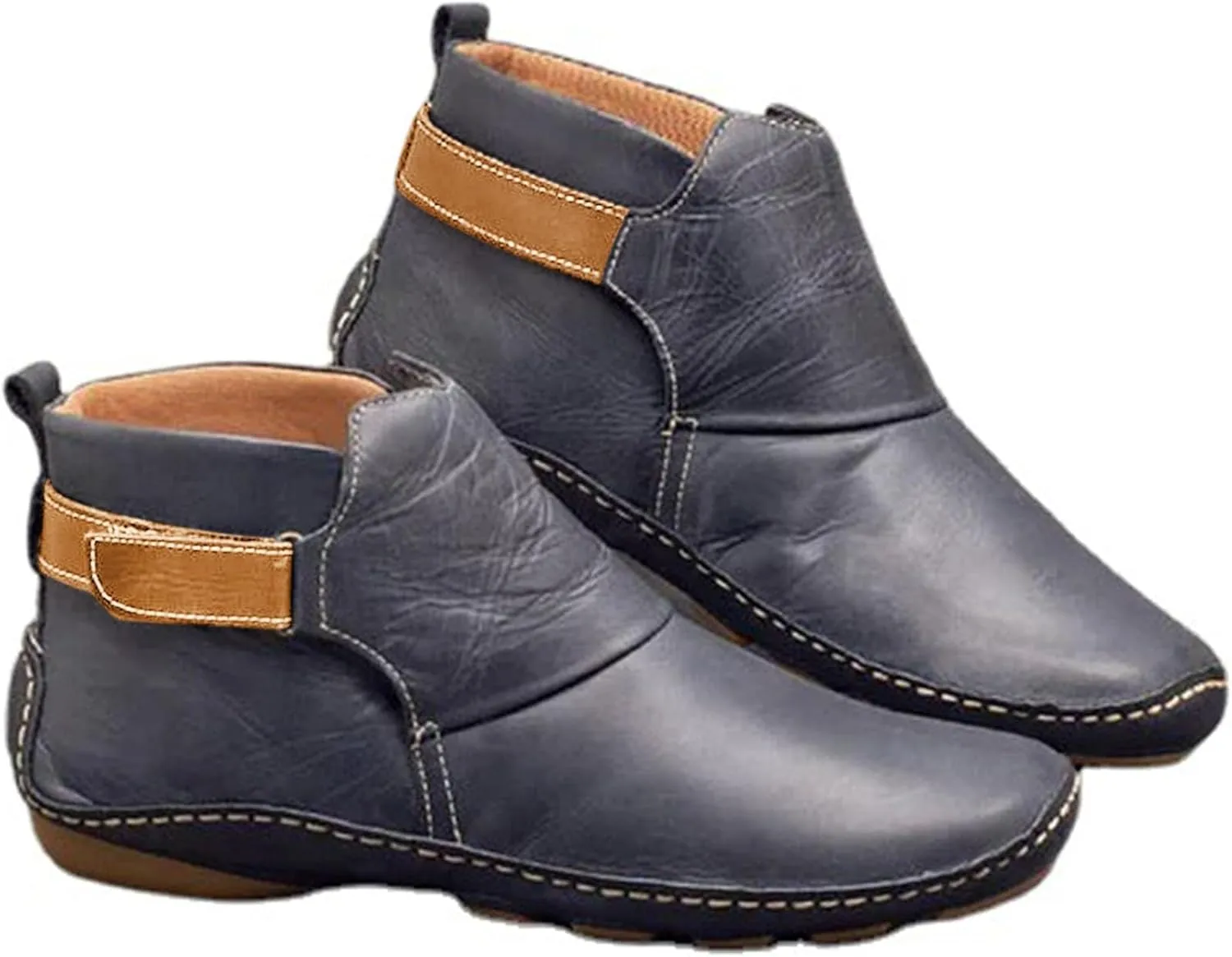 Womens Ankle Boots Low Chunky Heels Comfortable Short Fall Booties Leather Resistant Round Toe Flat Slouch Boot