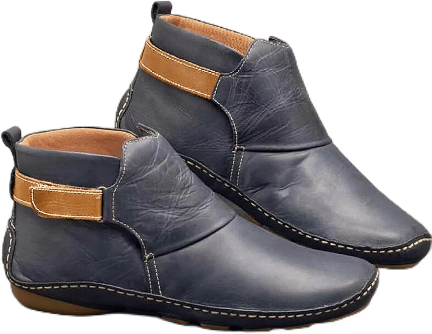 Womens Ankle Boots Low Chunky Heels Comfortable Short Fall Booties Leather Resistant Round Toe Flat Slouch Boot