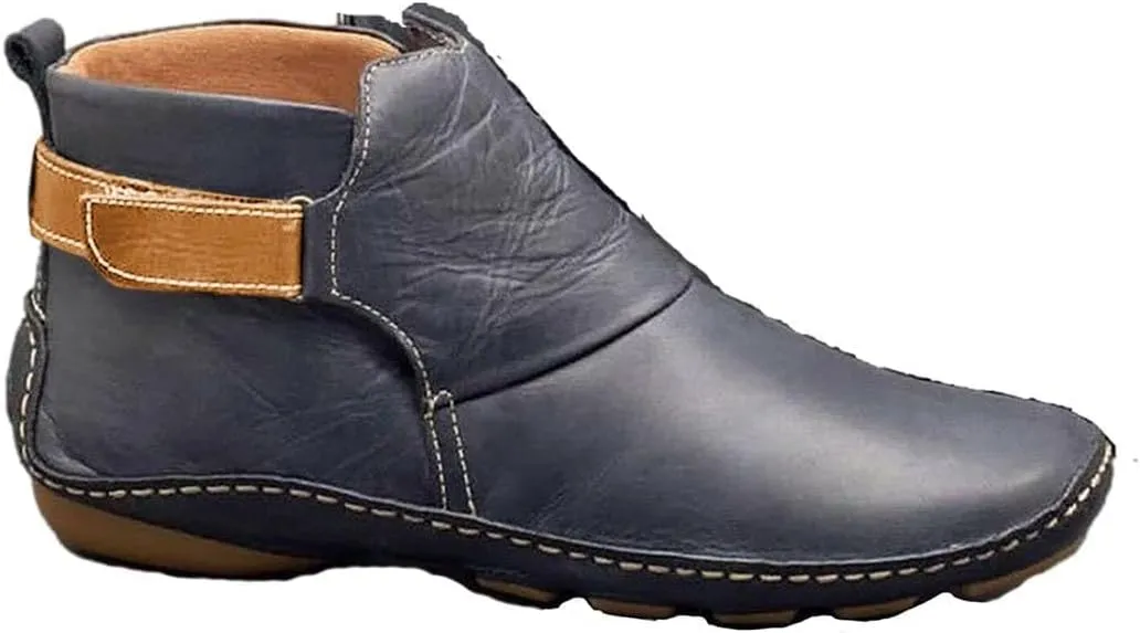 Womens Ankle Boots Low Chunky Heels Comfortable Short Fall Booties Leather Resistant Round Toe Flat Slouch Boot