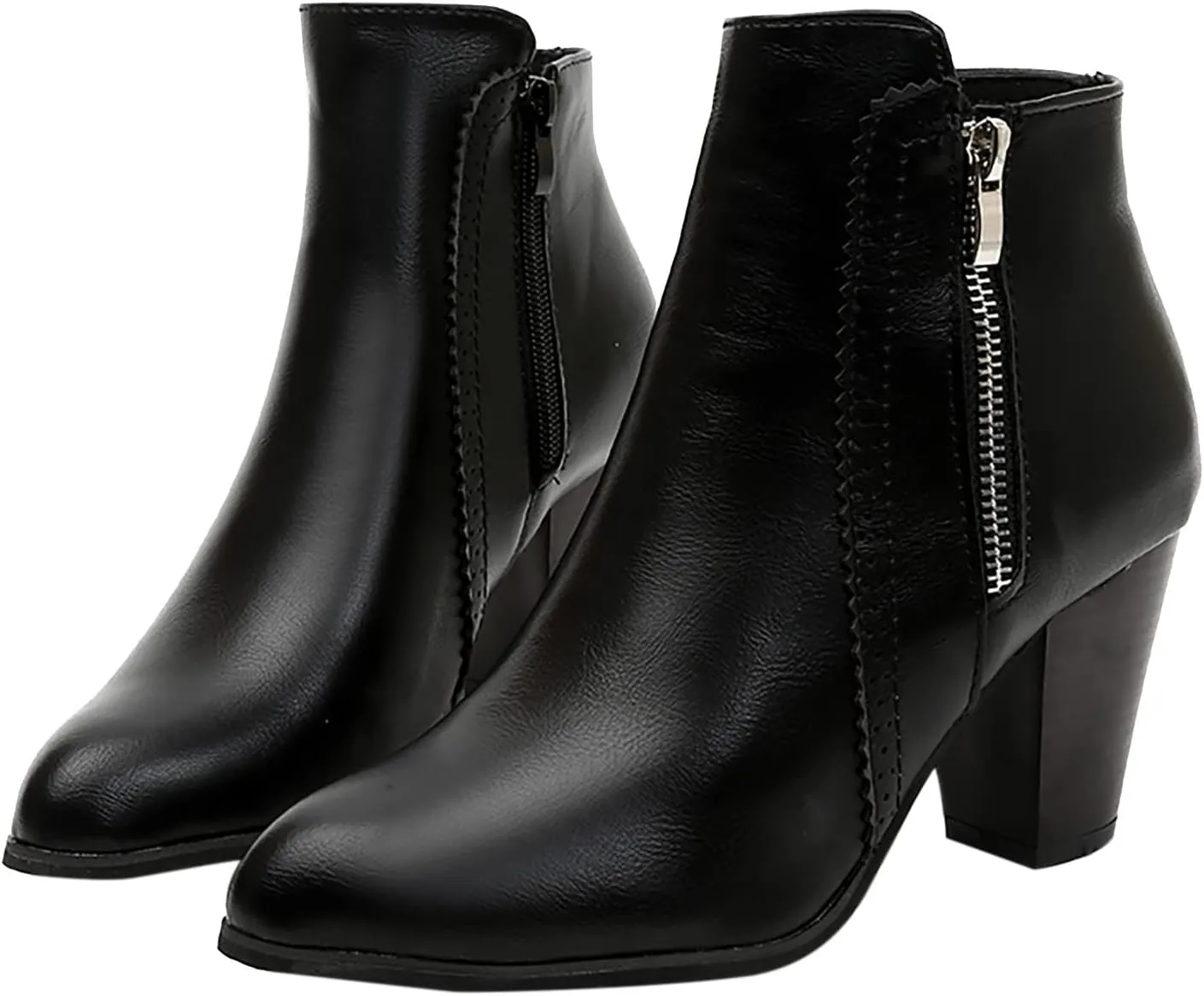 Women's Ankle Boots Pointed Toe Chunky Stacked Heel Short Booties Side Zipper Vintage Leather Boots Shoes
