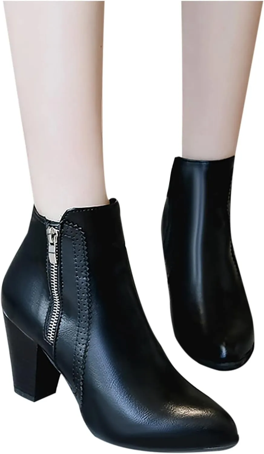 Women's Ankle Boots Pointed Toe Chunky Stacked Heel Short Booties Side Zipper Vintage Leather Boots Shoes