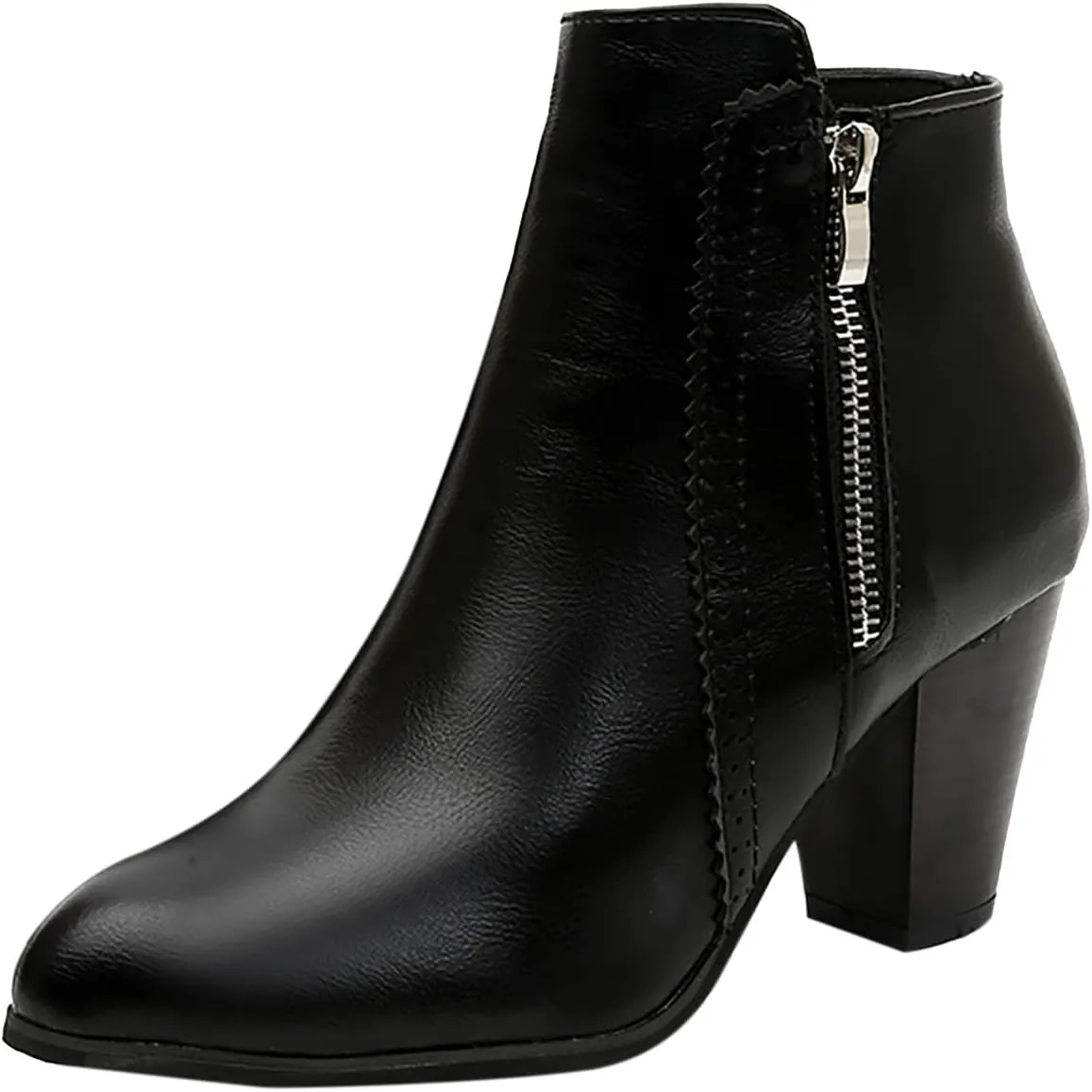 Women's Ankle Boots Pointed Toe Chunky Stacked Heel Short Booties Side Zipper Vintage Leather Boots Shoes