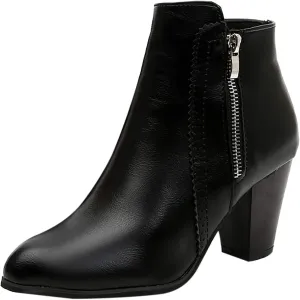 Women's Ankle Boots Pointed Toe Chunky Stacked Heel Short Booties Side Zipper Vintage Leather Boots Shoes