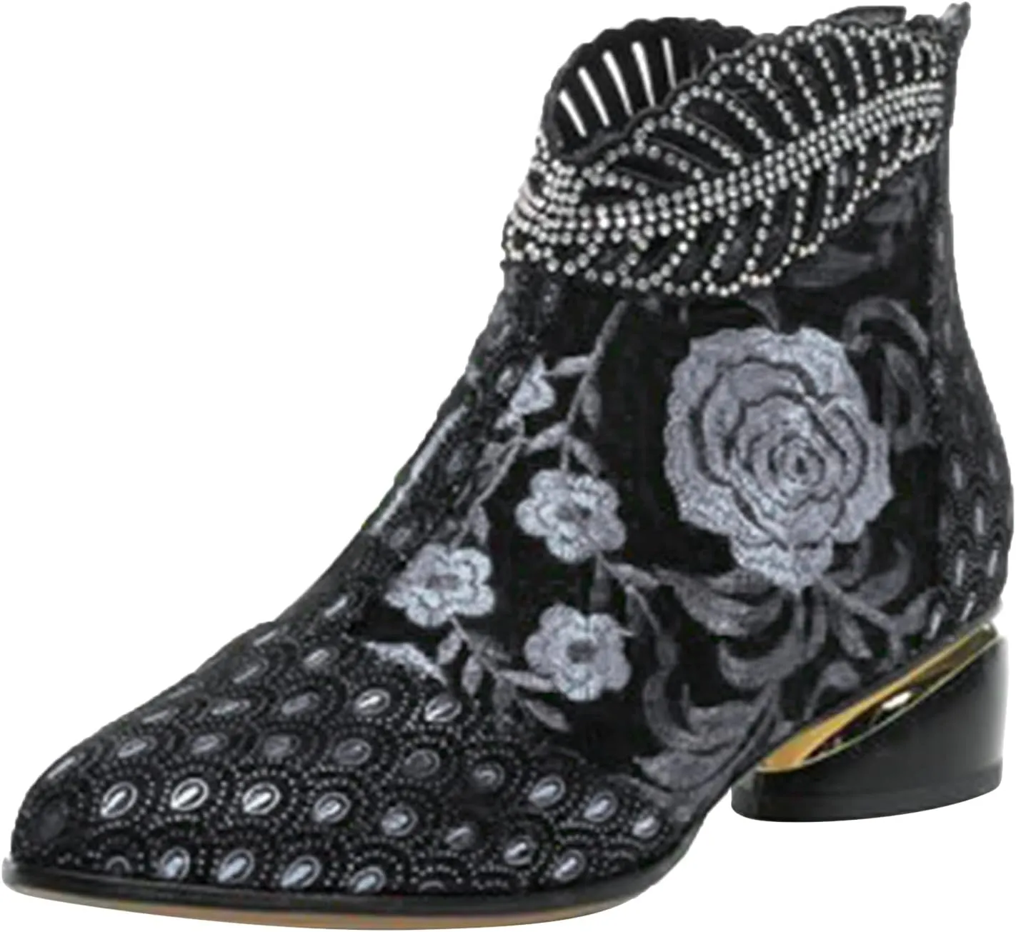 Womens Boots Retro Pattern Chunky Heels Side Zipper Boots for Women Vintage Leather Elegant Ankle Boots