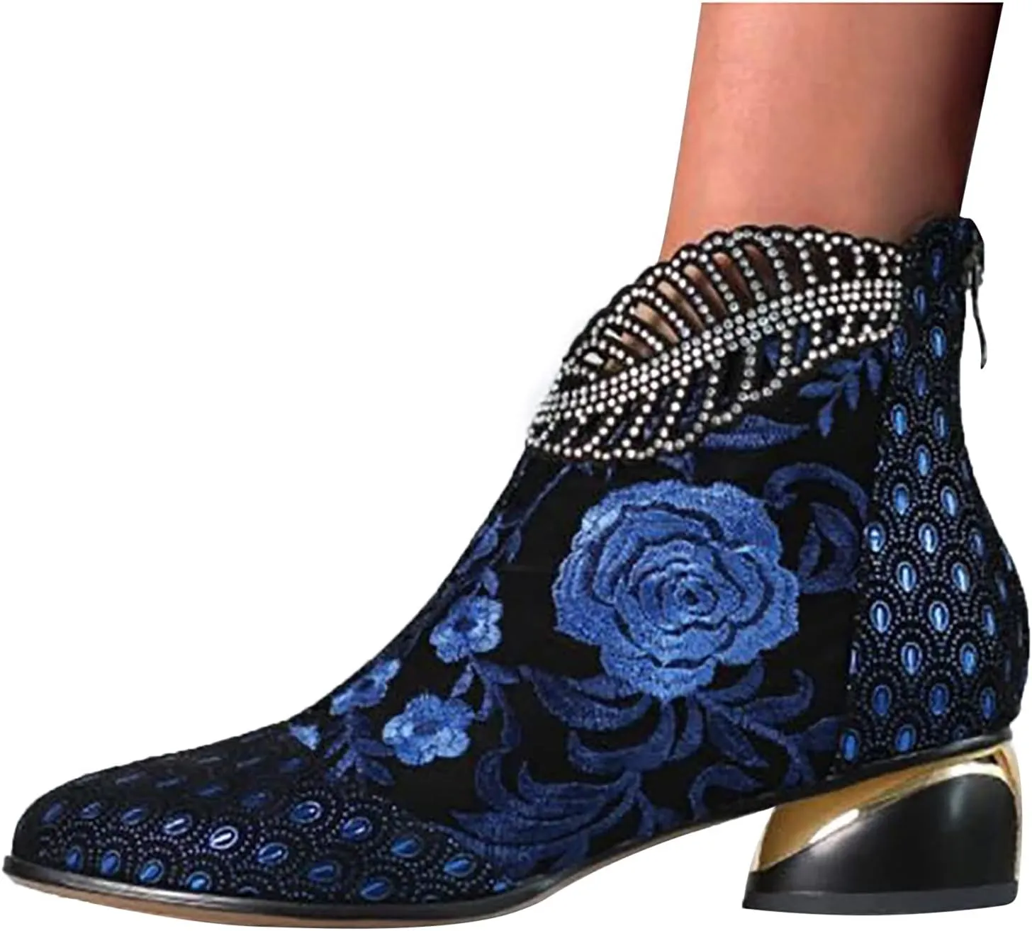 Womens Boots Retro Pattern Chunky Heels Side Zipper Boots for Women Vintage Leather Elegant Ankle Boots
