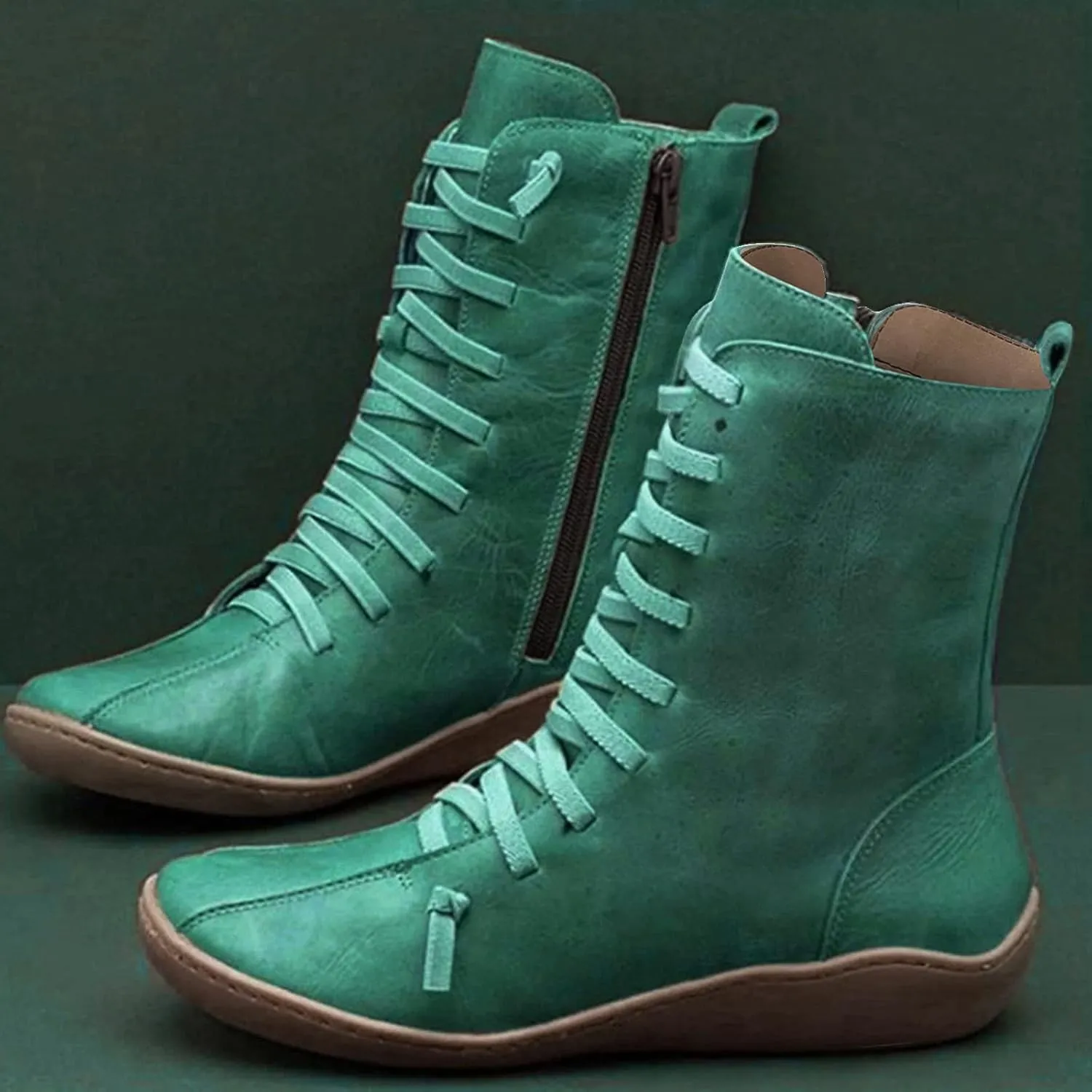 Womens Boots Retro Side Zipper Round Toe Mid-Calf Boots for Women Soft Comfortable Leather Ankle Boots