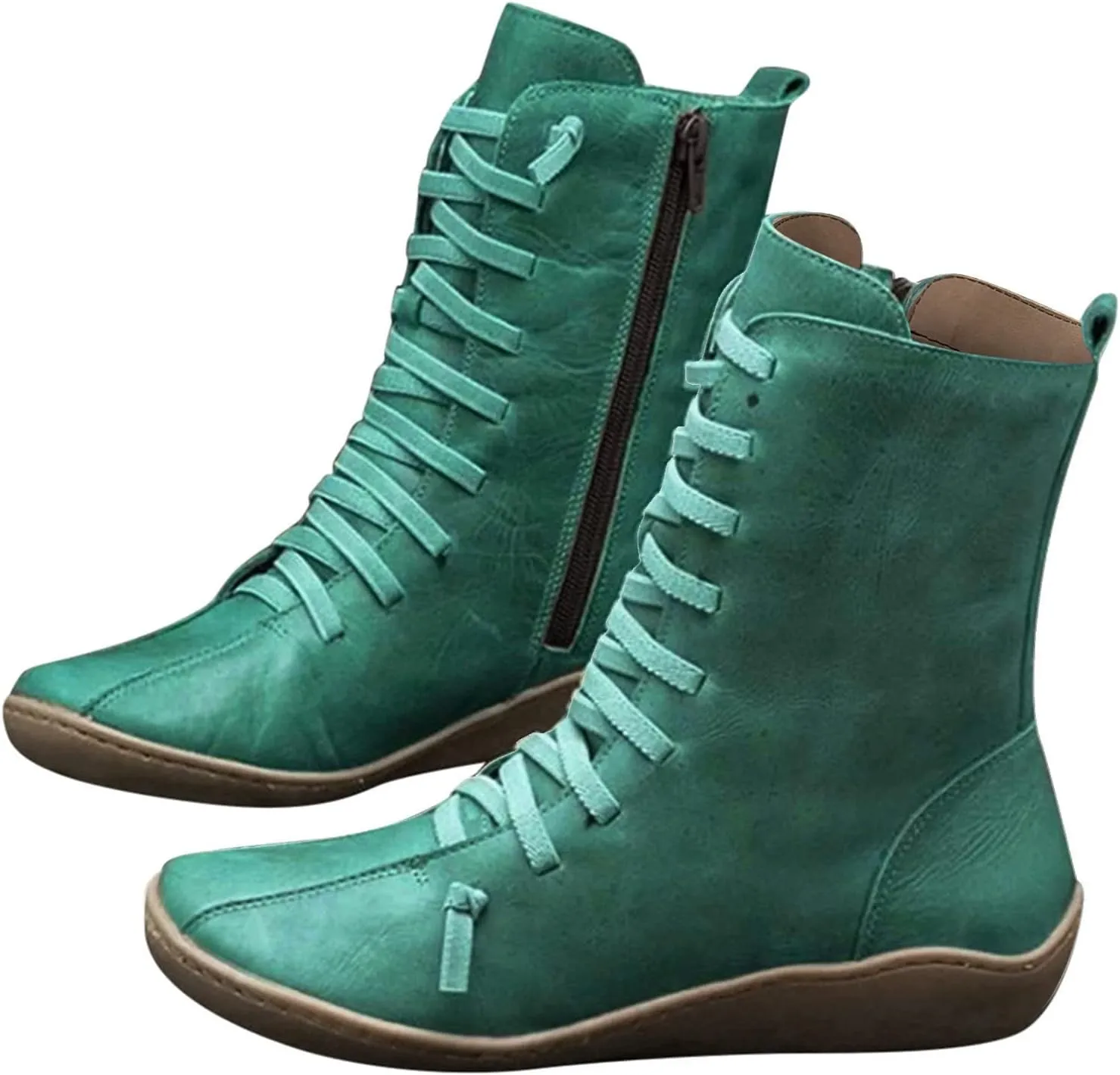 Womens Boots Retro Side Zipper Round Toe Mid-Calf Boots for Women Soft Comfortable Leather Ankle Boots