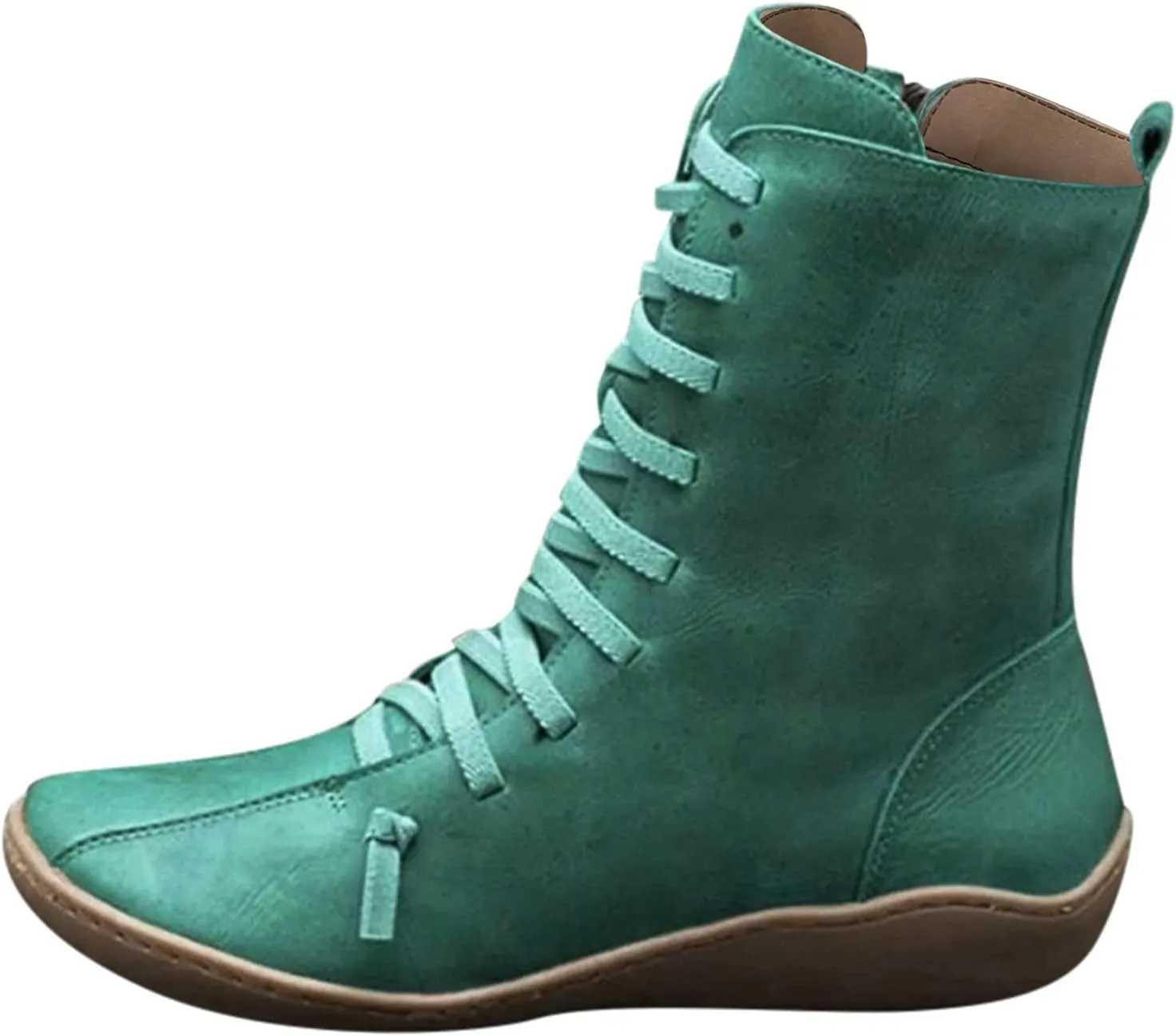 Womens Boots Retro Side Zipper Round Toe Mid-Calf Boots for Women Soft Comfortable Leather Ankle Boots