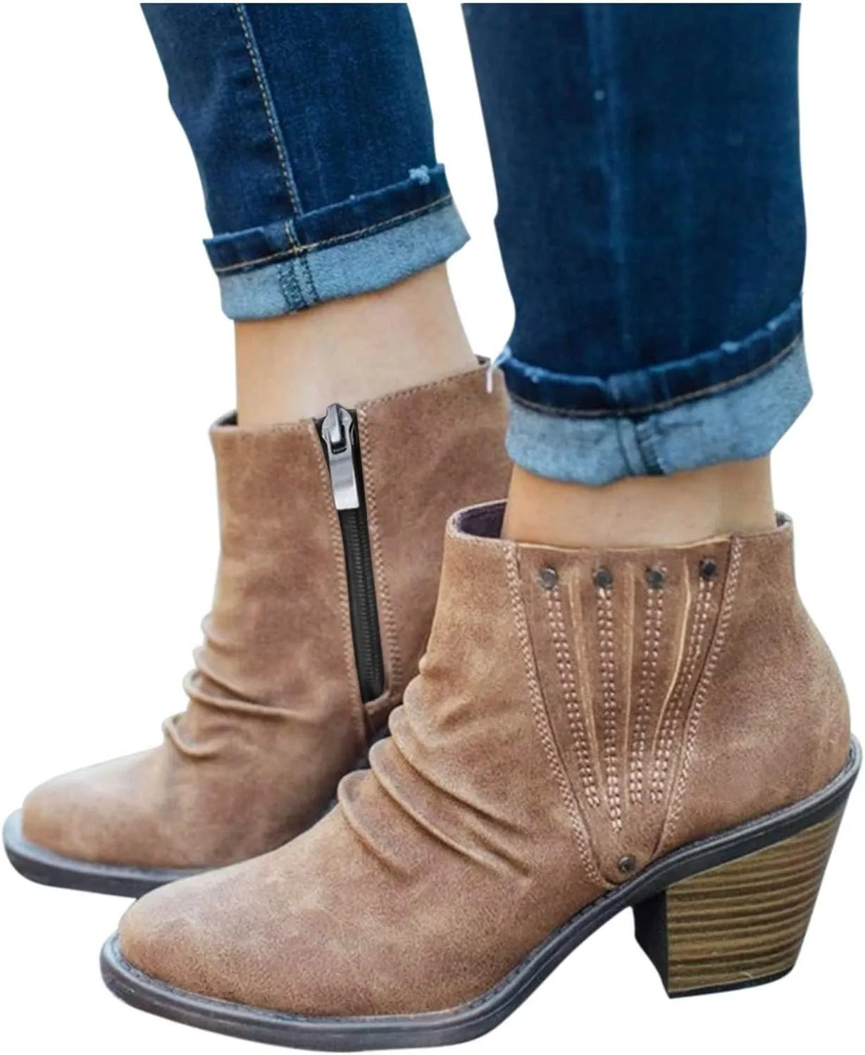 Womens Boots Roman Retro Casual Chunky Heel Side Zipper Boots for Women Comfortable Faux Leather Ankle Boots