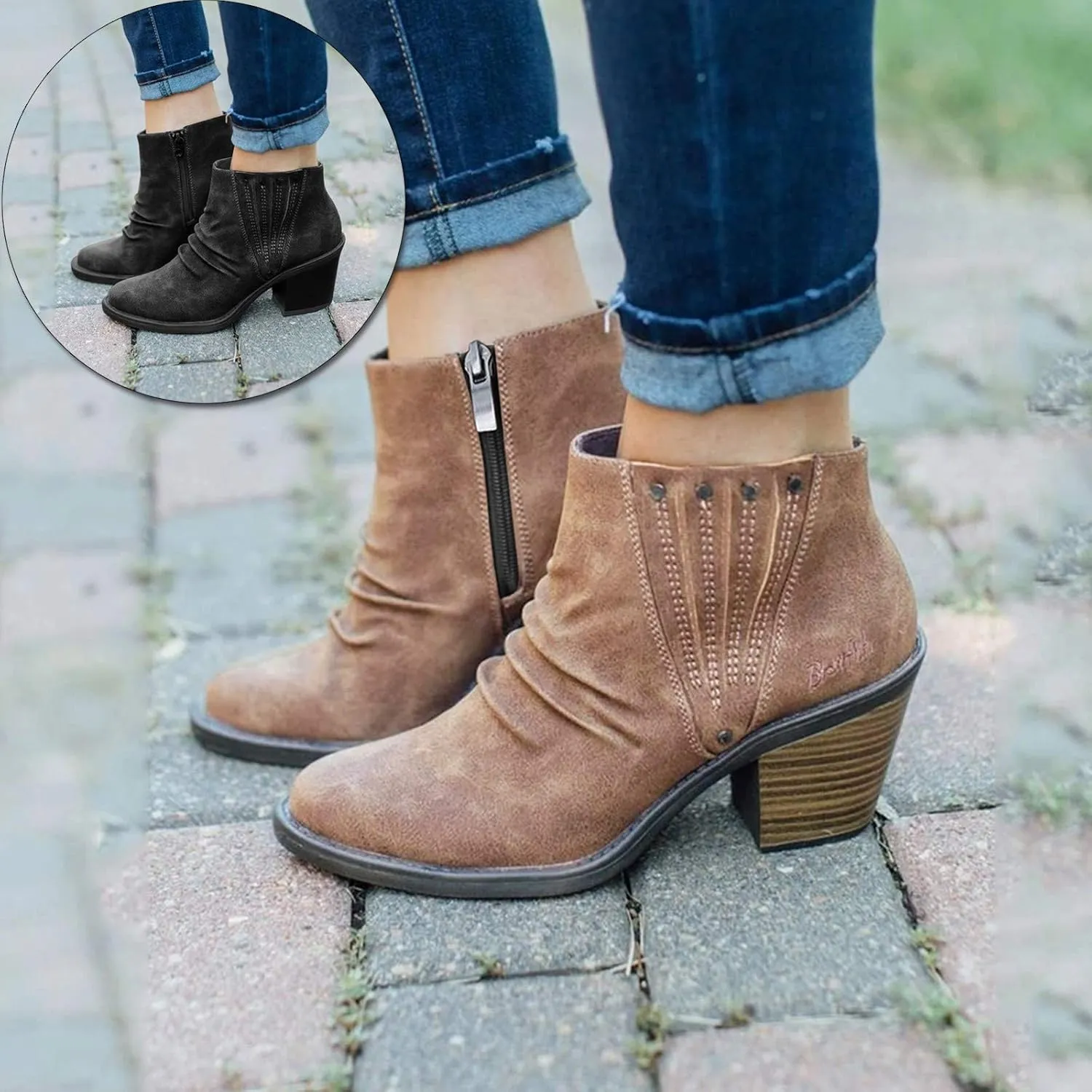 Womens Boots Roman Retro Casual Chunky Heel Side Zipper Boots for Women Comfortable Faux Leather Ankle Boots