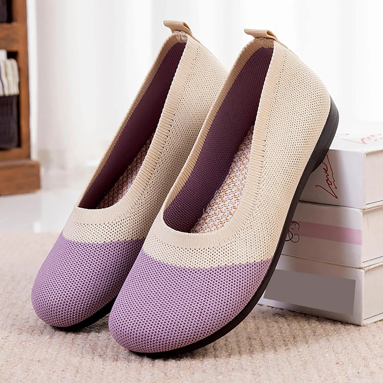 Women's Breathable Mesh Surface Shallow Mouth Mom's Shoes Round Toe Flat Bottom Women's Air 1 Shadow Casual Shoes (Purple, 7)