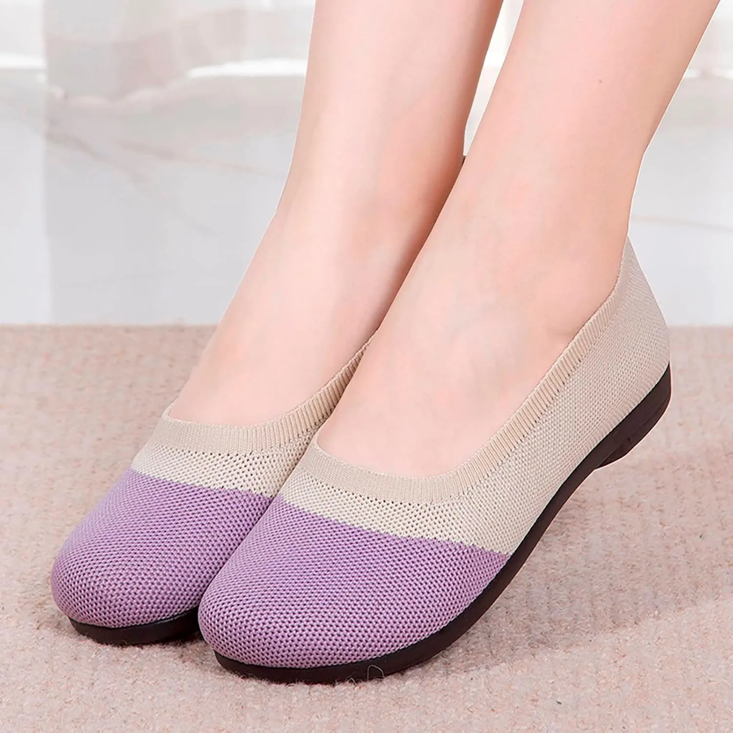 Women's Breathable Mesh Surface Shallow Mouth Mom's Shoes Round Toe Flat Bottom Women's Air 1 Shadow Casual Shoes (Purple, 7)