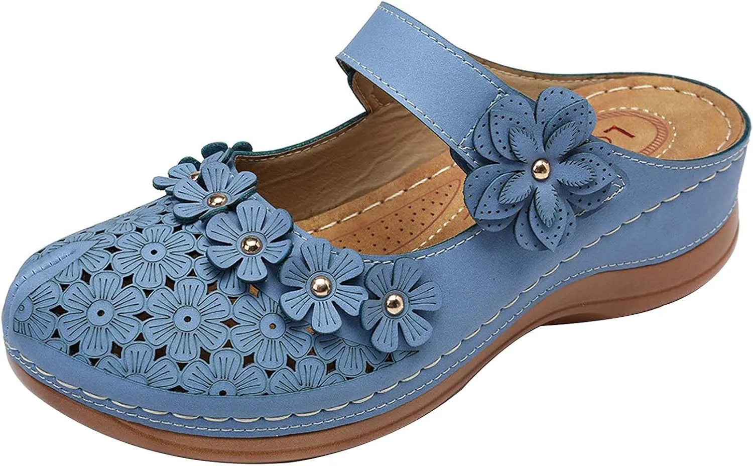 Womens Closed Toe Wedge Sandals Casual Summer Studded Flowers Hollow Hook&Loop Buckle Sandals Summer Cute Comfortable Outdoor Soft Sole Shoes
