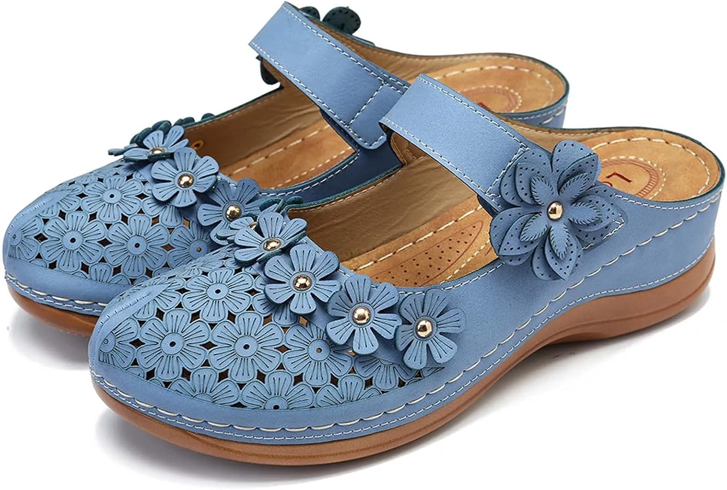 Womens Closed Toe Wedge Sandals Casual Summer Studded Flowers Hollow Hook&Loop Buckle Sandals Summer Cute Comfortable Outdoor Soft Sole Shoes