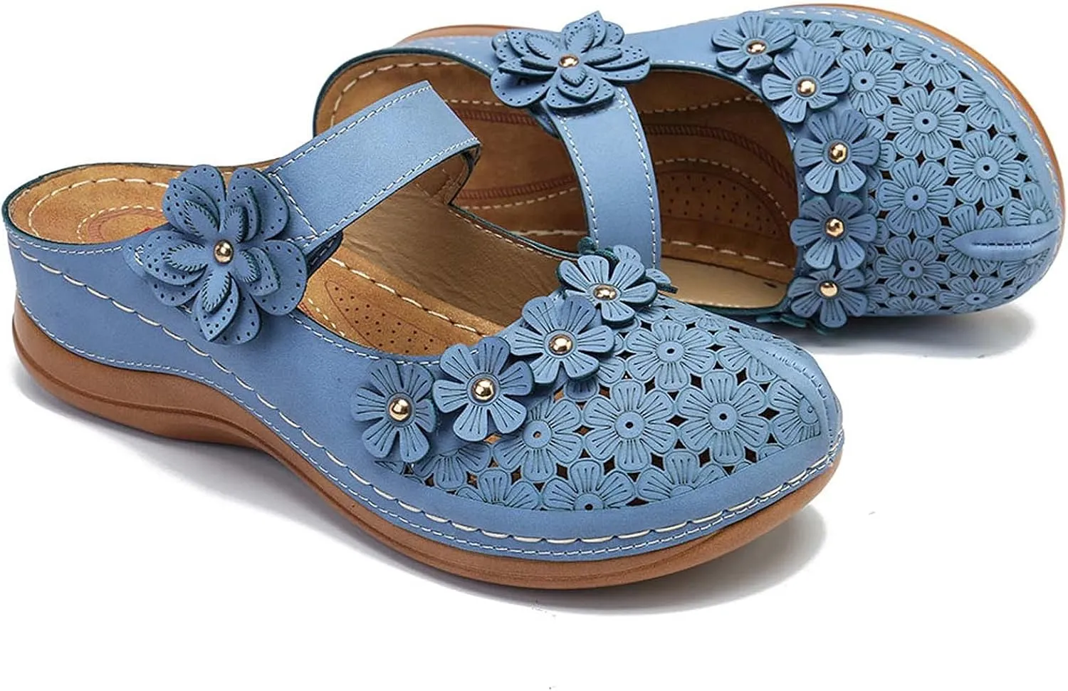 Womens Closed Toe Wedge Sandals Casual Summer Studded Flowers Hollow Hook&Loop Buckle Sandals Summer Cute Comfortable Outdoor Soft Sole Shoes