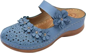 Womens Closed Toe Wedge Sandals Casual Summer Studded Flowers Hollow Hook&Loop Buckle Sandals Summer Cute Comfortable Outdoor Soft Sole Shoes