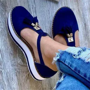 Women's Flatform Sandals Soft Sole Comfy Flats Platform Tassels Canvas Shoes Closed Toe Sandal Summer Casual Suede Loafers,Blue,US9/EU41