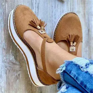 Women's Flatform Sandals Soft Sole Comfy Flats Platform Tassels Canvas Shoes Closed Toe Sandal Summer Casual Suede Loafers,Brown,US4.5/EU35