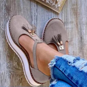 Women's Flatform Sandals Soft Sole Comfy Flats Platform Tassels Canvas Shoes Closed Toe Sandal Summer Casual Suede Loafers,Gray,US4.5/EU35