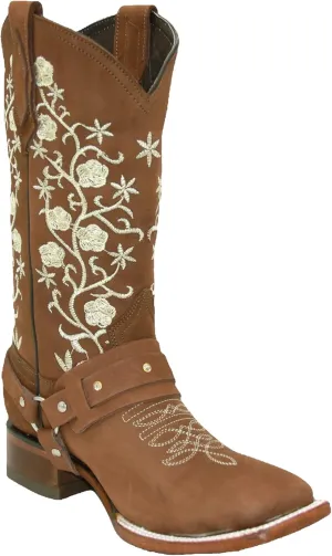 Womens Floral Embroidered Harness Square Toe Brown Cowgirl Cowboy Boot