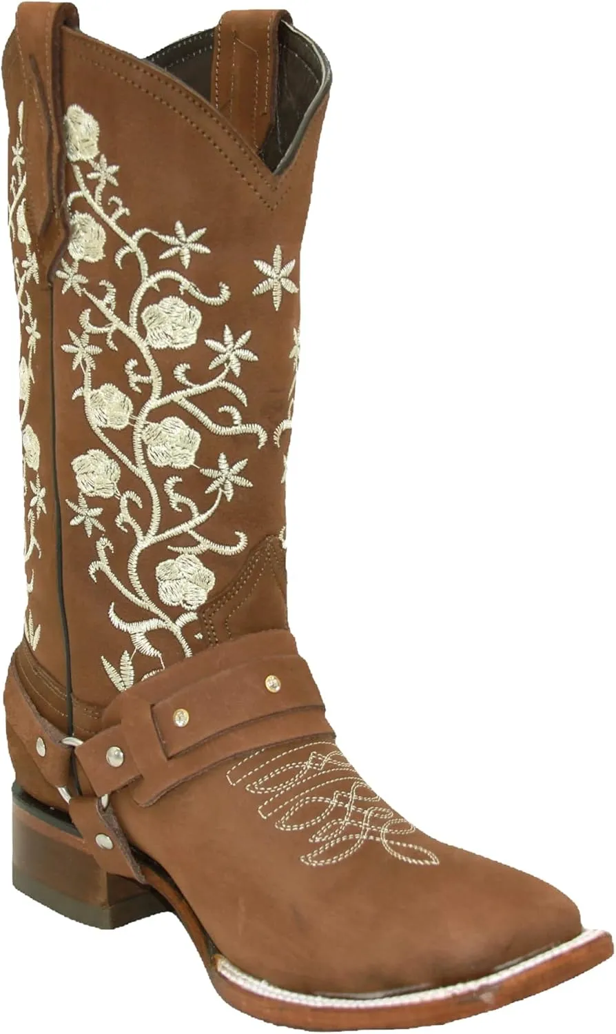 Womens Floral Embroidered Harness Square Toe Brown Cowgirl Cowboy Boot