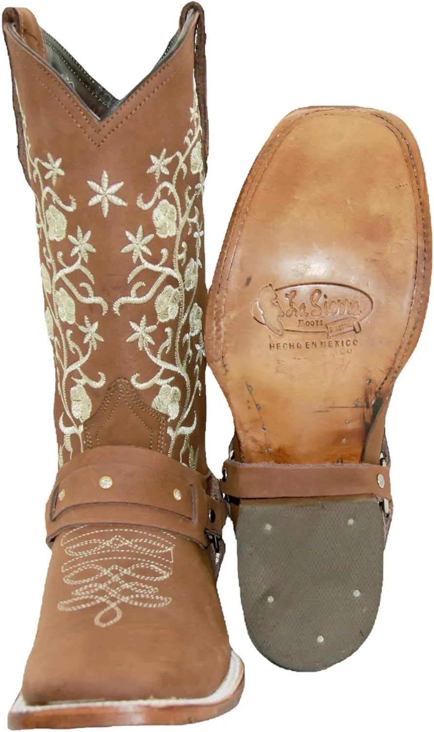 Womens Floral Embroidered Harness Square Toe Brown Cowgirl Cowboy Boot