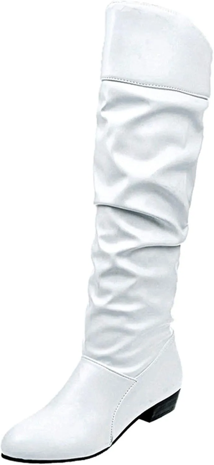 Womens Knee High Boots No Heel,Casual Pull On Tall Boots Slouchy Leather Flat Booties Wide Calf Boots for Women 2024