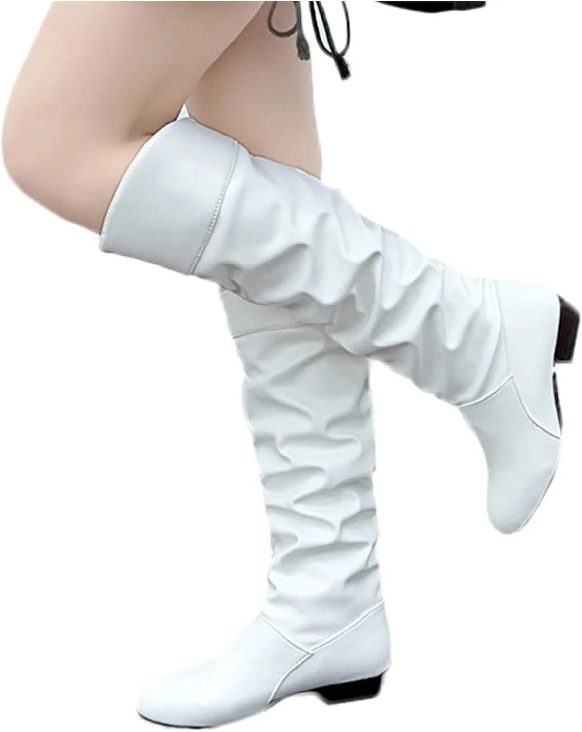 Womens Knee High Boots No Heel,Casual Pull On Tall Boots Slouchy Leather Flat Booties Wide Calf Boots for Women 2024