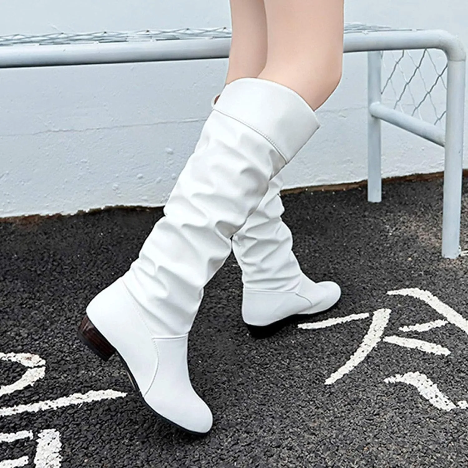 Womens Knee High Boots No Heel,Casual Pull On Tall Boots Slouchy Leather Flat Booties Wide Calf Boots for Women 2024