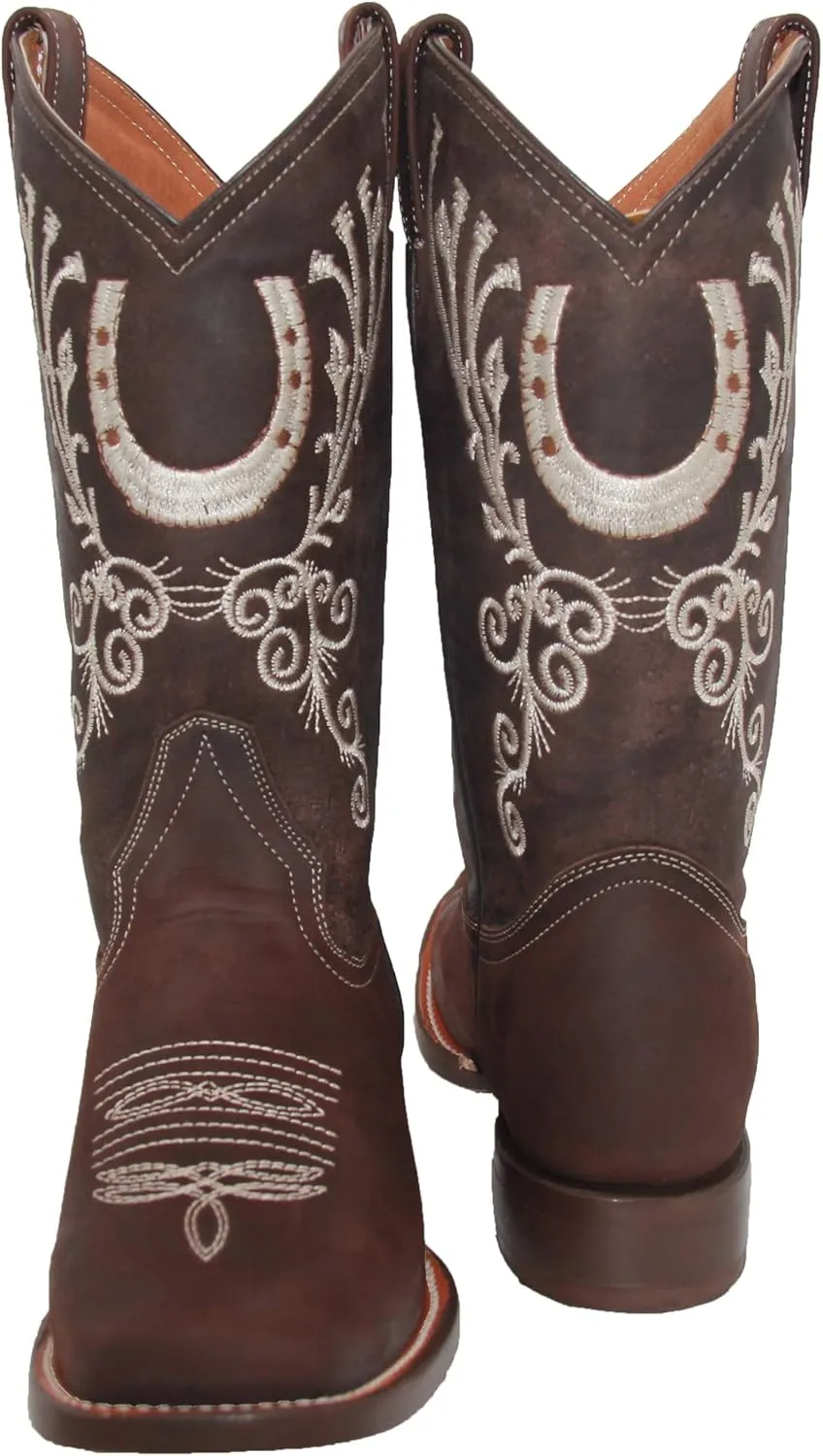 Womens Leather Western Boot Square Toe Embroidered Womens Brown Cowboy Boots