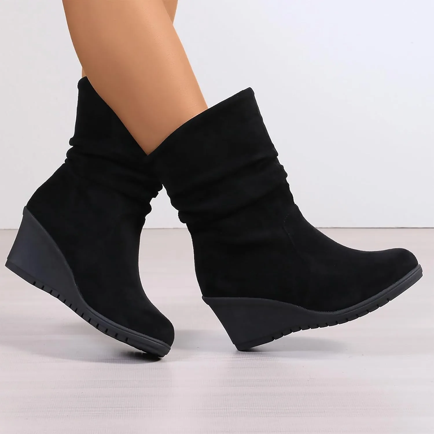 Women's Mid Calf Boots Wedge Heel Suede Leather Dressy Slip On Comfort Fall Winter Short Boots Black Zipper Retro Booties
