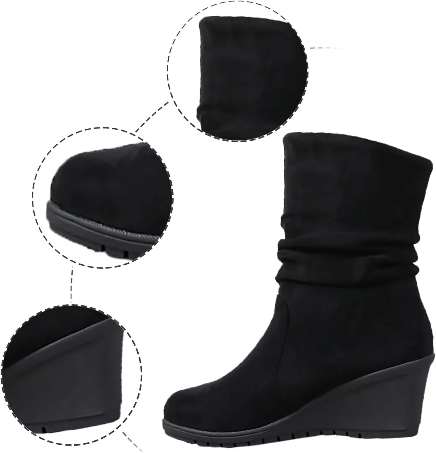 Women's Mid Calf Boots Wedge Heel Suede Leather Dressy Slip On Comfort Fall Winter Short Boots Black Zipper Retro Booties