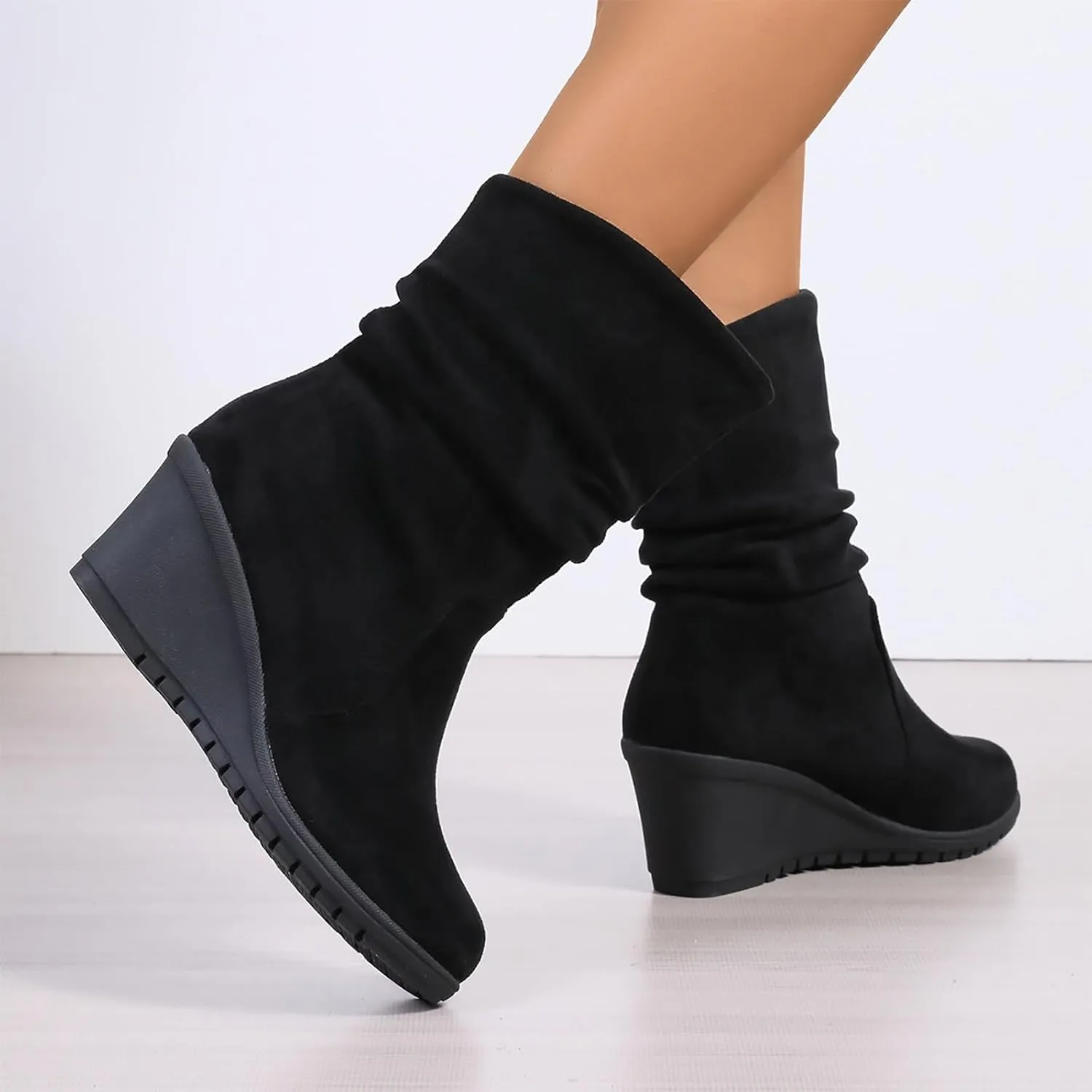 Women's Mid Calf Boots Wedge Heel Suede Leather Dressy Slip On Comfort Fall Winter Short Boots Black Zipper Retro Booties