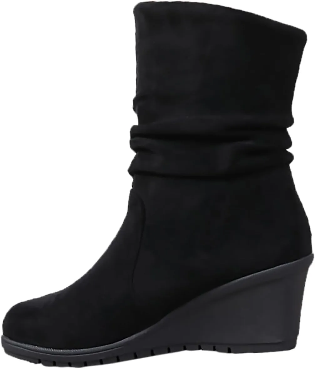 Women's Mid Calf Boots Wedge Heel Suede Leather Dressy Slip On Comfort Fall Winter Short Boots Black Zipper Retro Booties
