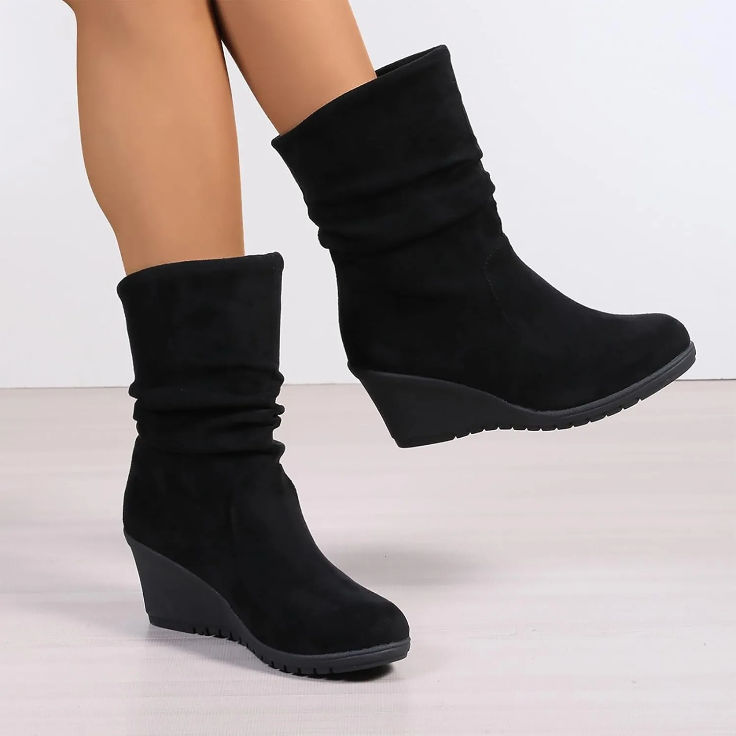 Women's Mid Calf Boots Wedge Heel Suede Leather Dressy Slip On Comfort Fall Winter Short Boots Black Zipper Retro Booties