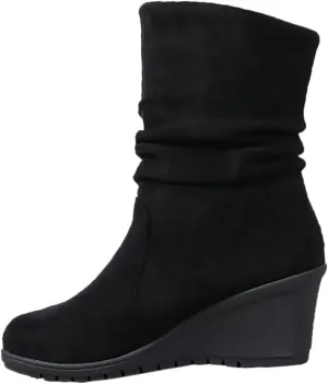 Women's Mid Calf Boots Wedge Heel Suede Leather Dressy Slip On Comfort Fall Winter Short Boots Black Zipper Retro Booties