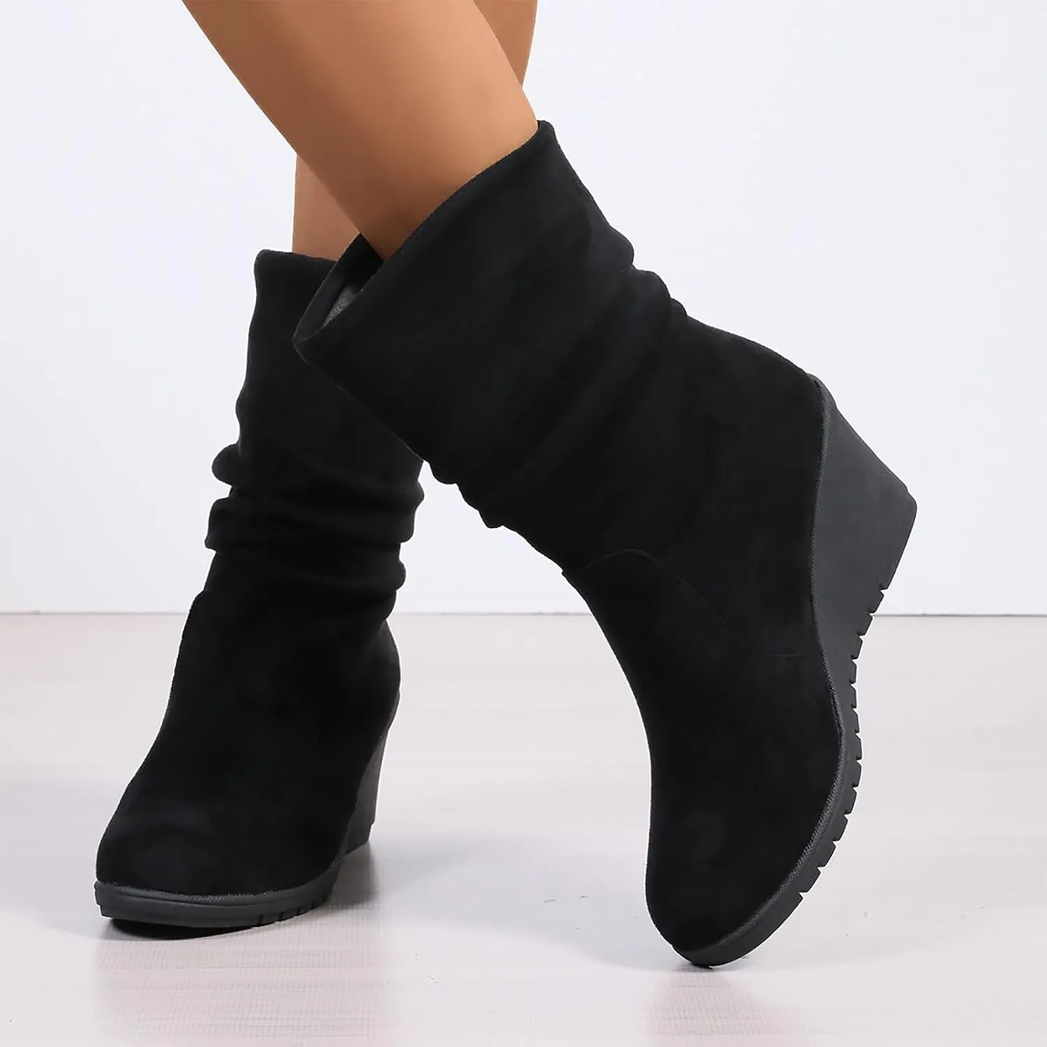 Women's Mid Calf Boots Wedge Heel Suede Leather Dressy Slip On Comfort Fall Winter Short Boots Black Zipper Retro Booties