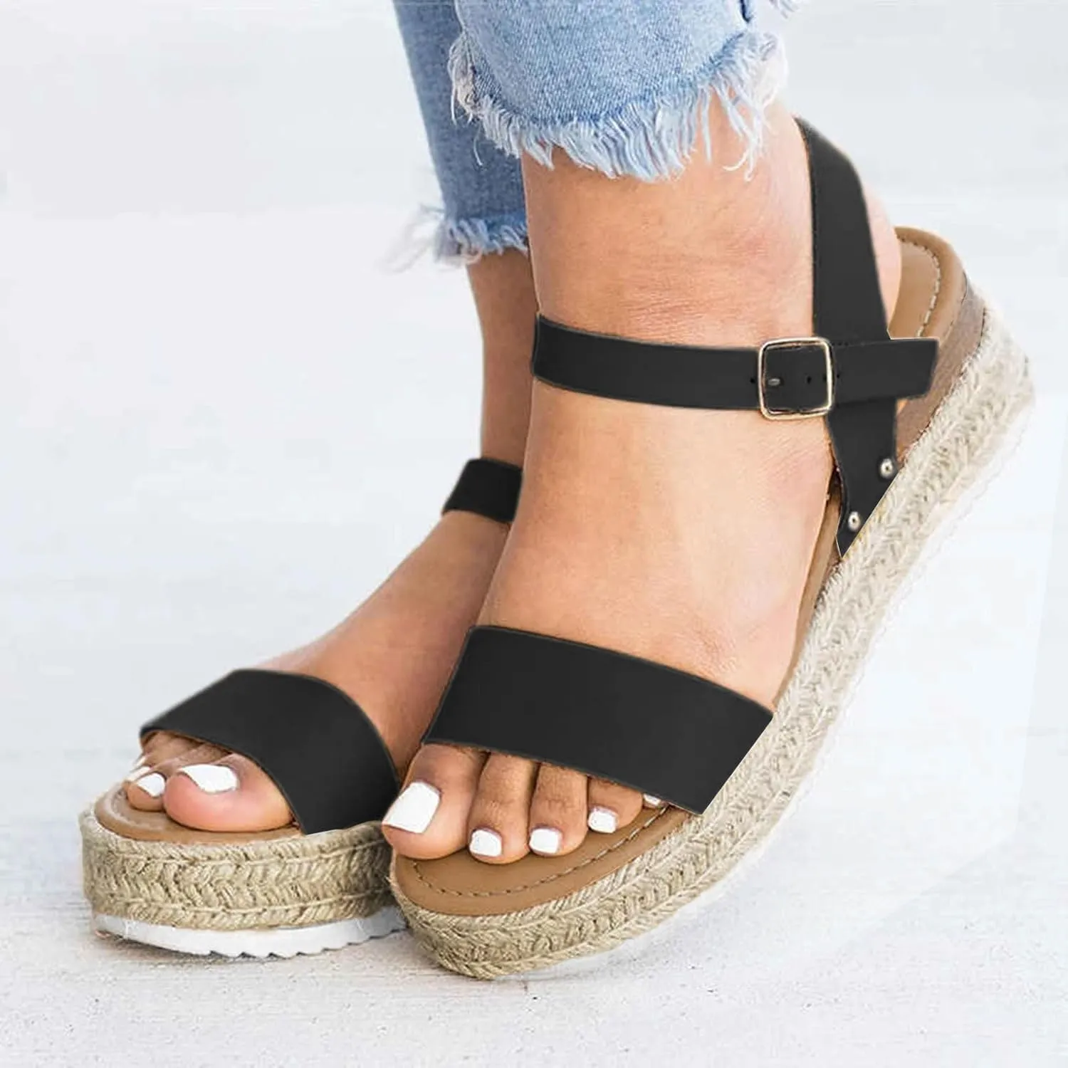 Womens Open Toe Buckle Ankle Strap Espadrilles Summer Casual Flatform Wedge Sandals