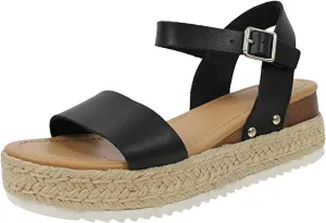Womens Open Toe Buckle Ankle Strap Espadrilles Summer Casual Flatform Wedge Sandals