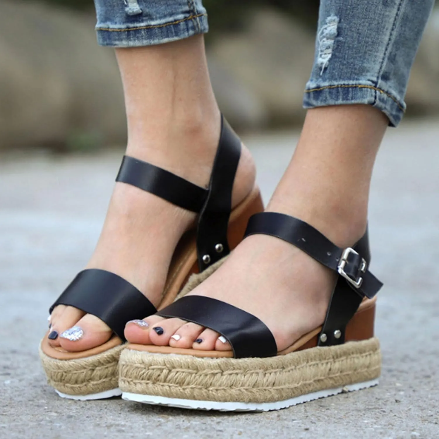 Womens Open Toe Buckle Ankle Strap Espadrilles Summer Casual Flatform Wedge Sandals