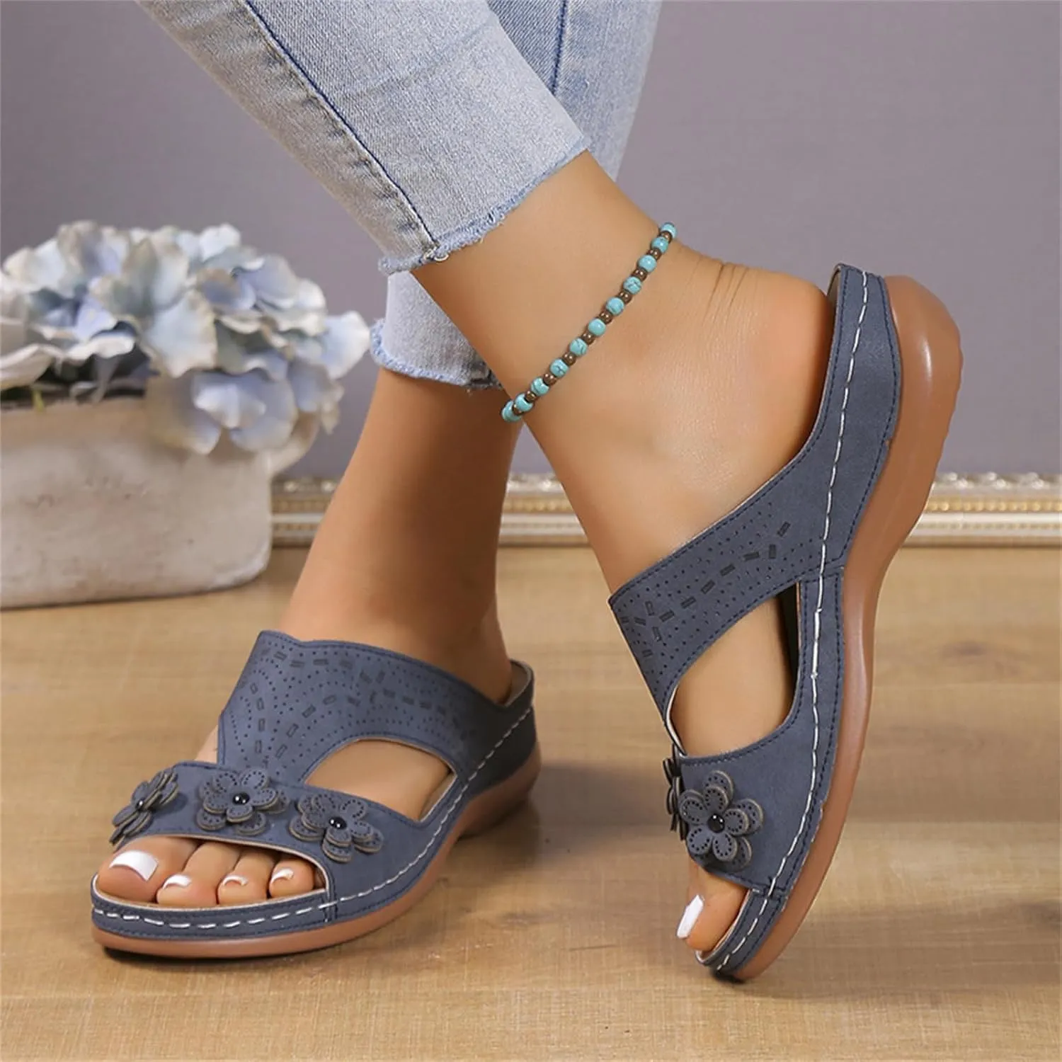Women's Sandals Comfortable Dressy Orthopedic Slippers Wedge Heel Slip On Open Toe Summer Casual Orthotic Slides Flip Flops
