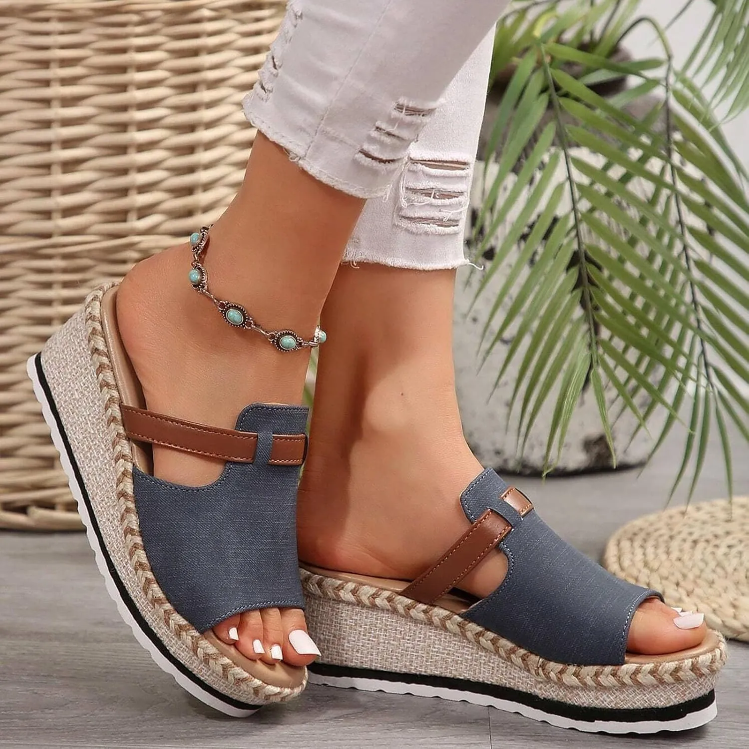 Womens Wedge Sandals Casual Summer High Heels Open Toe Espadrilles Platform Slip On Vacation Slippers Sandals