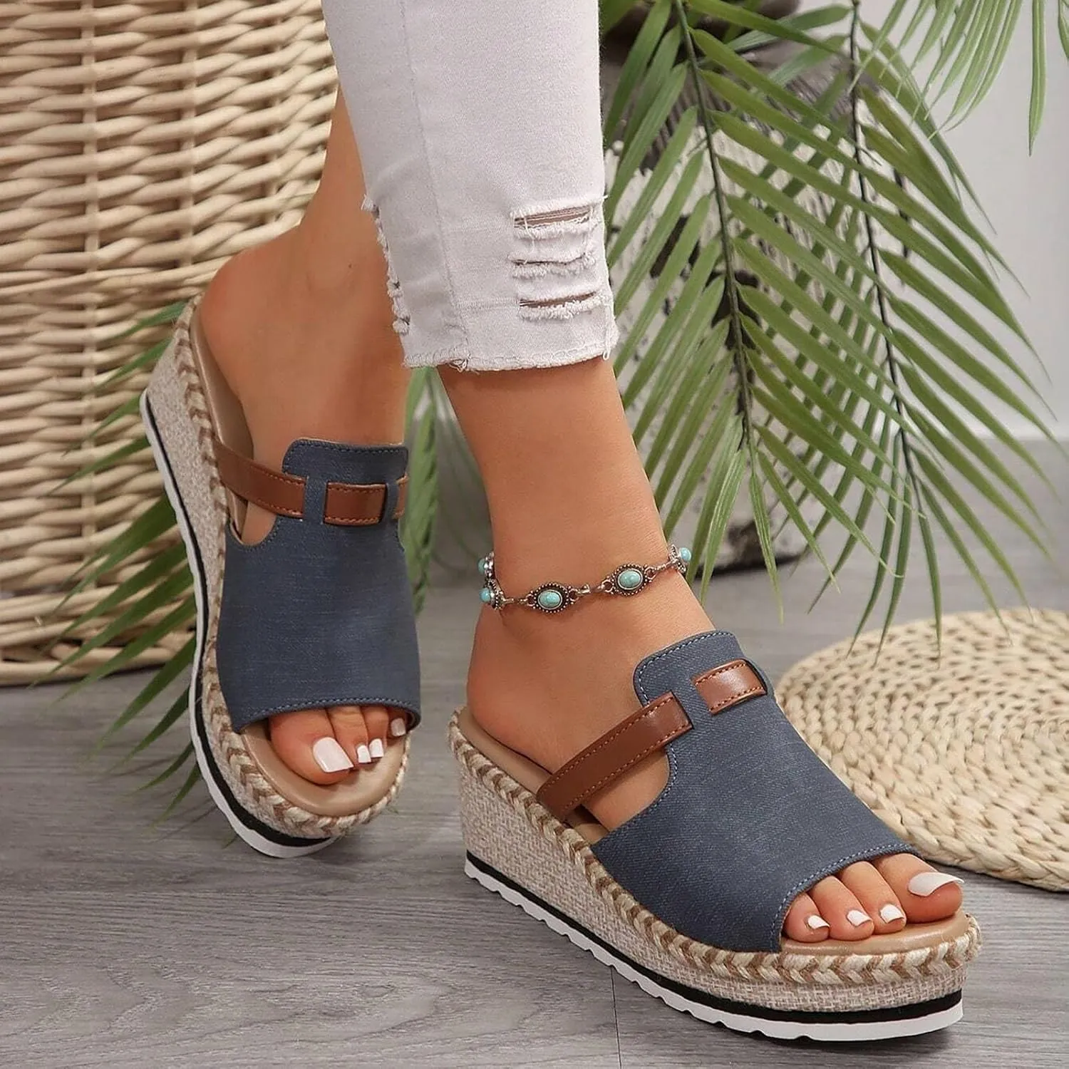 Womens Wedge Sandals Casual Summer High Heels Open Toe Espadrilles Platform Slip On Vacation Slippers Sandals